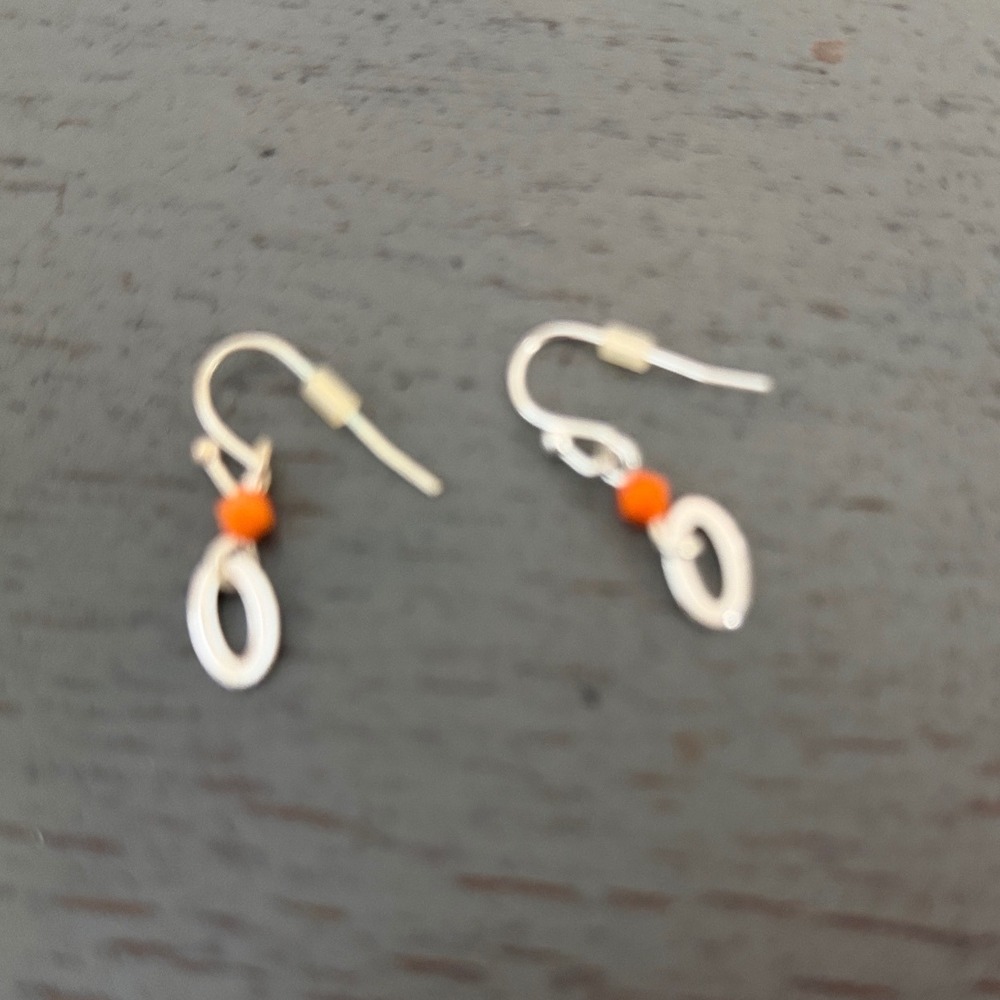 Handmade Silver Tone Oval Drop Earrings Orange Bead Dangle Fishhook Minimalist